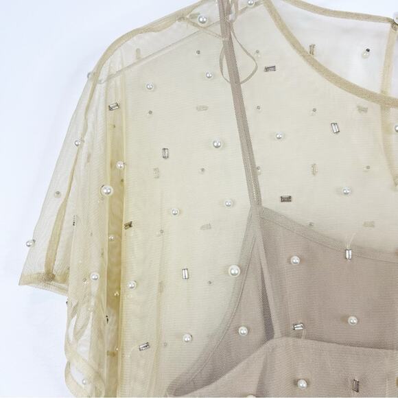 NWT ZARA Mesh Pearl Beaded Midi Dress XS/S Tan - Picture 5 of 7